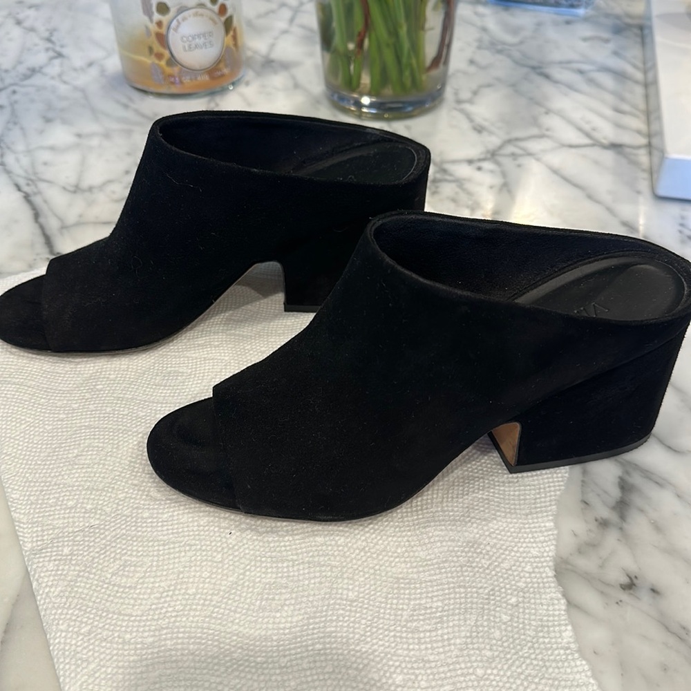 Vince, black suede slip ons. Size 6.5.